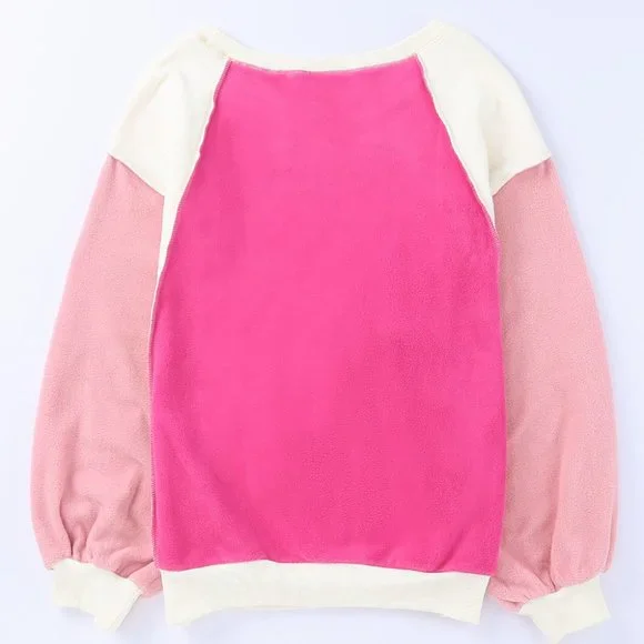 Rose Colorblock Long Sleeve Pullover Fleece Sweatshirt - Picture 11 of 16